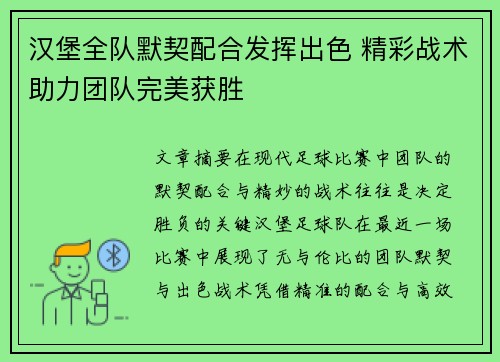 汉堡全队默契配合发挥出色 精彩战术助力团队完美获胜