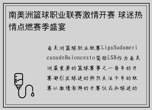 南美洲篮球职业联赛激情开赛 球迷热情点燃赛季盛宴