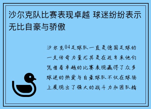 沙尔克队比赛表现卓越 球迷纷纷表示无比自豪与骄傲