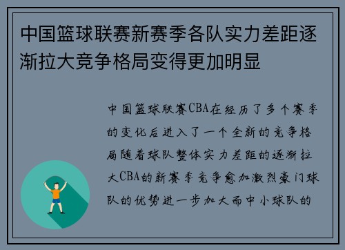 中国篮球联赛新赛季各队实力差距逐渐拉大竞争格局变得更加明显