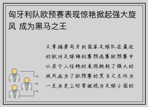 匈牙利队欧预赛表现惊艳掀起强大旋风 成为黑马之王