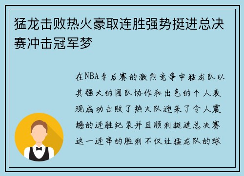 猛龙击败热火豪取连胜强势挺进总决赛冲击冠军梦